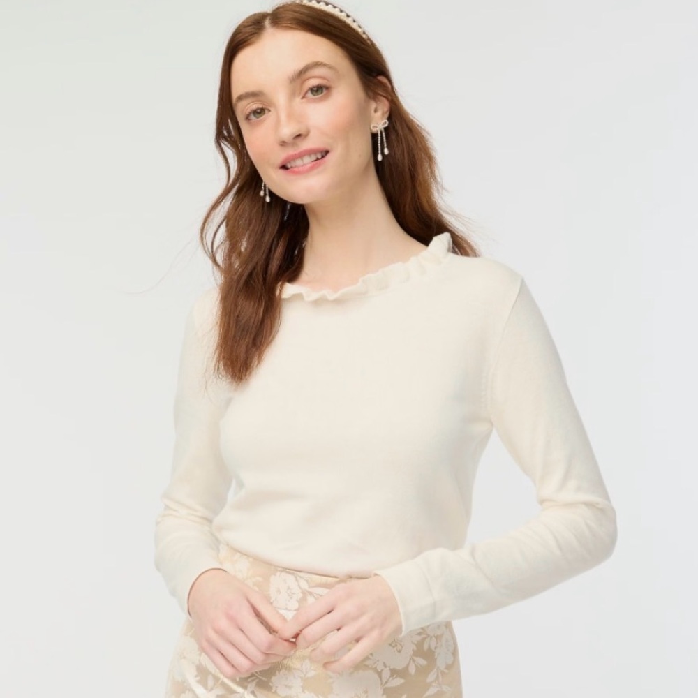 J. Crew Factory Ivory Ruffle Neck Teddy Sweater- NWT- S